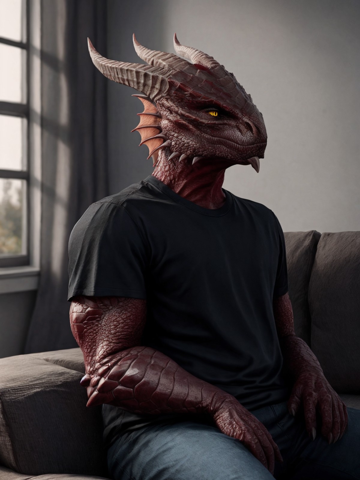 dragonborn \(dnd\), (red body), yellow eyes, male, (fins), t-shirt, fully clothed, room, modern, (sofa), sitting, indoor, ...